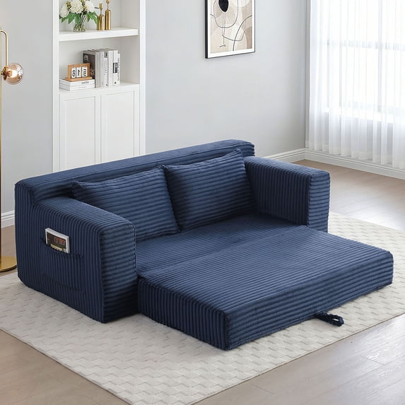 HAIXIAO 2 in 1 Versatile Foldable Couch Bed in Velvet - High-Density Foam Loveseat with Storage Pockets, for Apartment Office Living Room, No Assembly, Blue