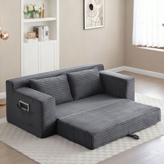 HAIXIAO 2 in 1 Versatile Foldable Couch Bed in Velvet - High-Density Foam Loveseat with Storage Pockets, for Apartment Office Living Room, No Assembly, Grey