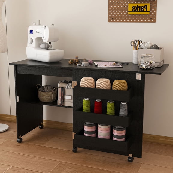 HAIXIAO 4-in-1 Folding Sewing Table with Lockable Wheels, Multi-Functional Craft Station for Sewing, Display, Workbench & Storage Use, Black