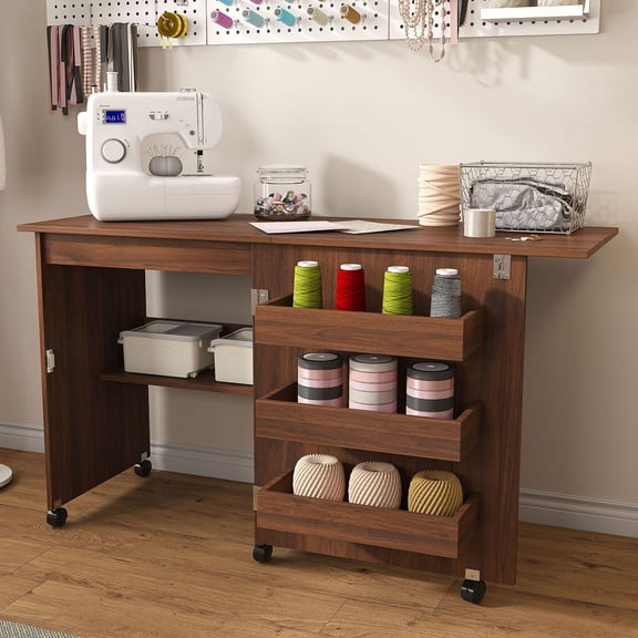HAIXIAO 4-in-1 Folding Sewing Table with Lockable Wheels, Multi-Functional Craft Station for Sewing, Display, Workbench & Storage Use, Walnut