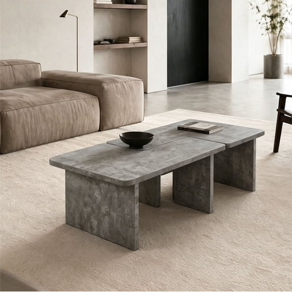 HAIXIAO Modular Concrete Coffee Table Set of 2 Nesting L-Shaped Puzzle Tables Faux Stone Look for Interiors