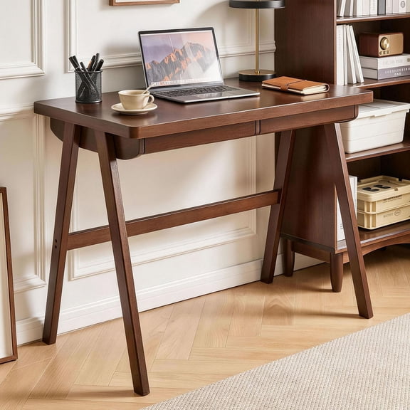 HAIXIAO Rectangular Classic Walnut Writing Desk with Scratch Resistant Surface, Storage Drawer, and A-Frame Support Legs for Bedroom or Apartment, 39.37“×21.65”, 0.71" Standard Thick