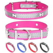 HAIYUE Reflective PU Leather Collar for Small Medium Dogs Cats Pink