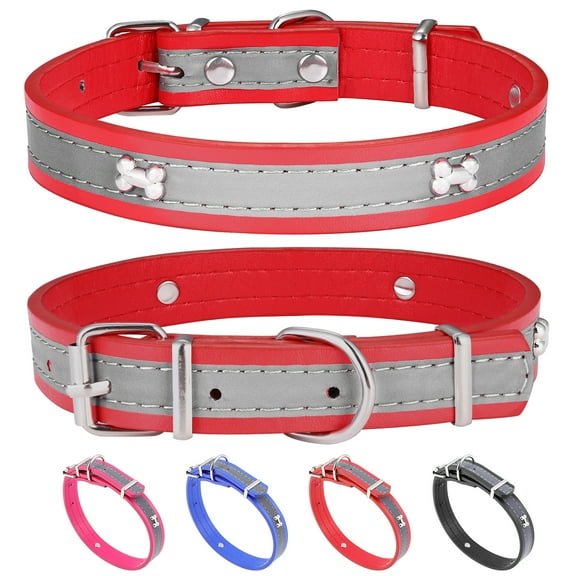 HAIYUE Reflective PU Leather Collar for Small Medium Dogs Cats Red