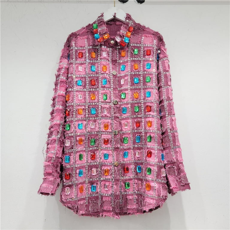 HAIZHE Camisa vaquera para mujer blusa holgada de retales a cuadros con borde de diamante de color con botonadura unica nueva moda de otono 29L6604 2024 Walmart