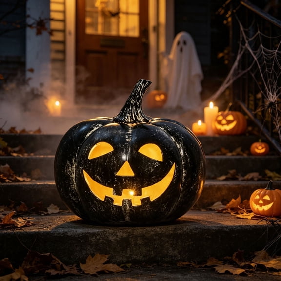 Halloween Black Distressed Smiling Pumpkin LED Light Up Resin Decor for Porch Yard Display