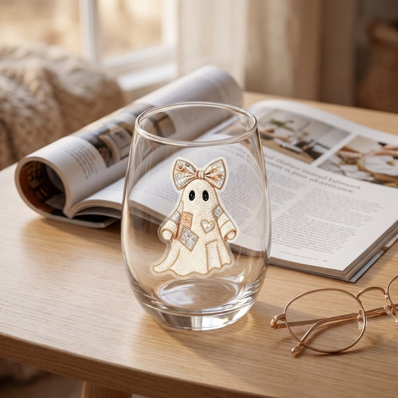 HAJA GP Halloween Ghost Pumpkin Print Stemless Wine Glass Cute Clear Glass Tumbler Cup for Party Decor (Style D)