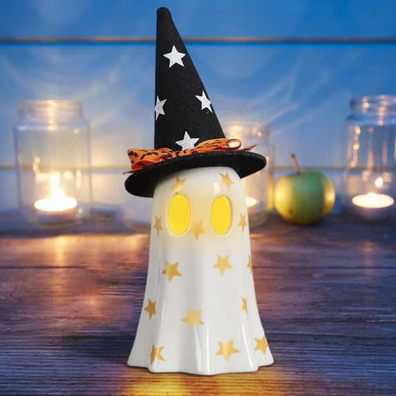 Halloween White Wizard Hat Ghost Resin Night Light with Soft Glow for Shelf Desk Decor