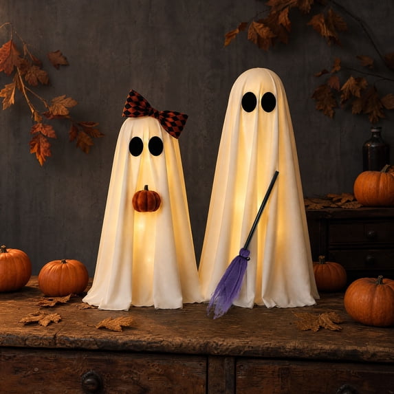 Light Up Glowing Ghost Couple Figurines Freestanding Halloween Indoor Tabletop Decor with Warm LED