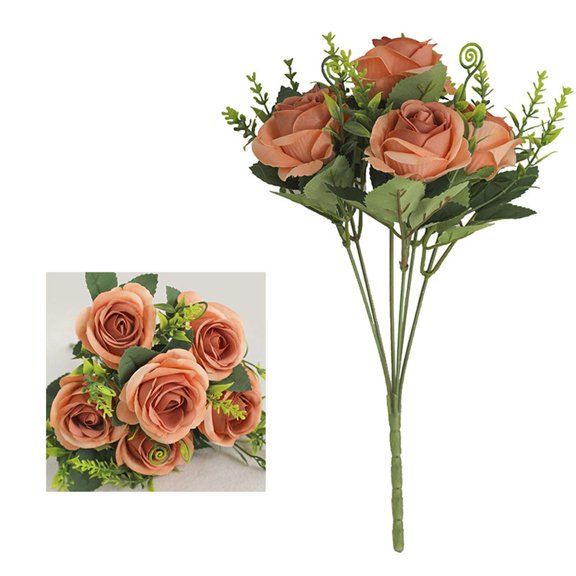 HAJAGP 11.41in Simulated Flower Rose Bouquet, 6 Heads Poly Roses, Silk Roses with and Green Leaves Vintage Floral Decor for Wedding, Valentine's Day & Mother's Day -Coffee