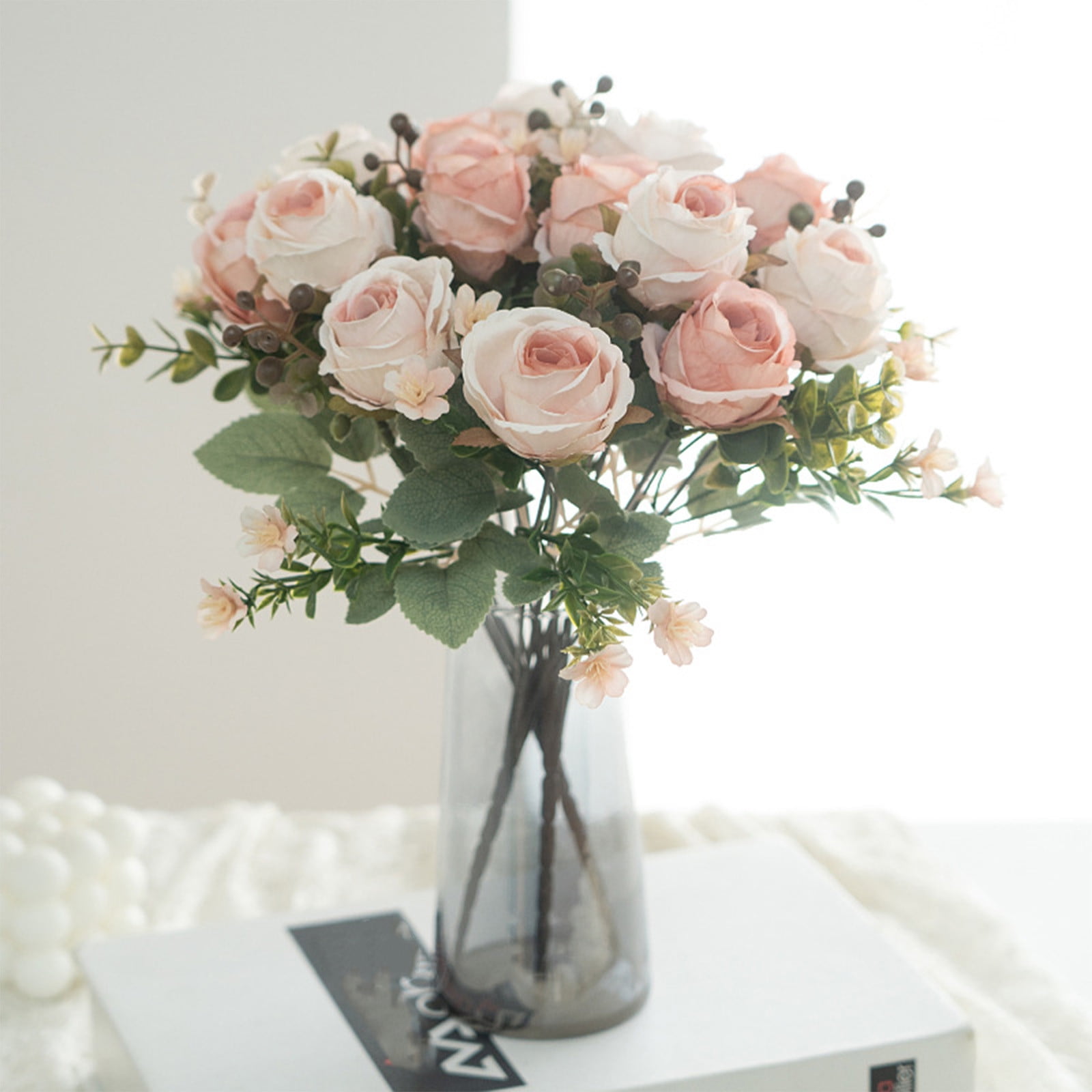 HAJAGP 12.5inch Artificial Flower, 5 Head Rose Silk Fake Flower, Silk ...