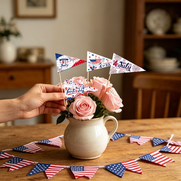 HAJAGP 12Pcs 4th of July Toothpick Flags B - Memorial Day Appetizer Picks, Red, White & Blue Cake Topper