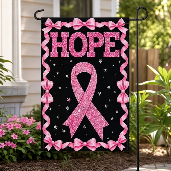 HAJAGP Breast Cancer Awareness Garden Flag Double Sided, Pink Ribbon Hope Bow Yard Flag for Support Prevention, Outdoor Lawn Patio Home Decor