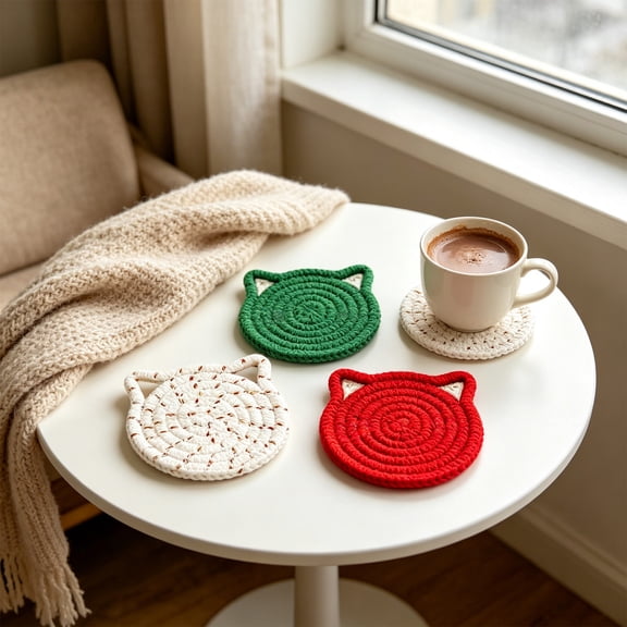 HAJAGP Cat Shape Coaster Set of 4 Cotton Rope for Spring Home Boho Decor Red Green