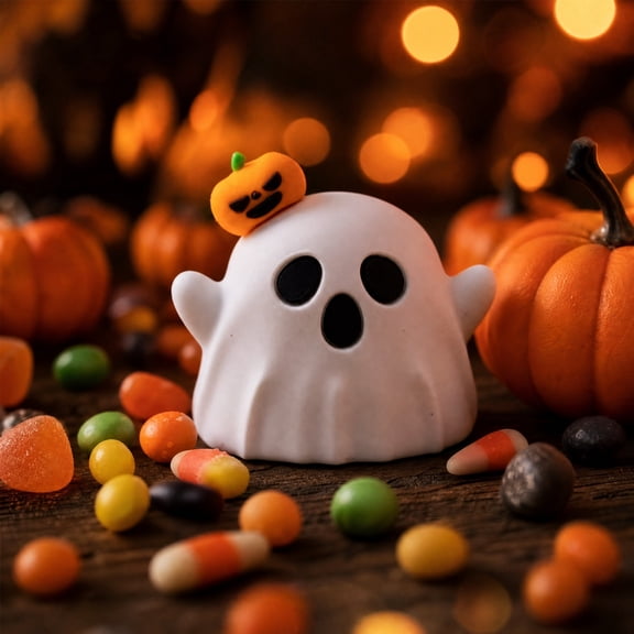 HAJAGP Cute Ghost Figurine with Mini Pumpkin, Halloween Tabletop Ornament Ghost Statue for Desk Shelf Party, Indoor Decor Gift for Kids