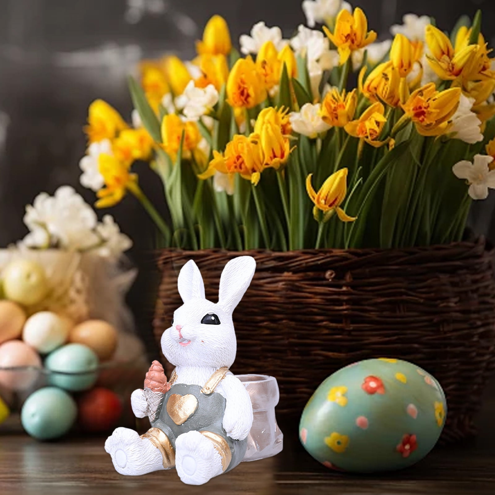 HAJAGP Easter Cute rabbit in basket Figurines, Resin Easter Sculpture ...