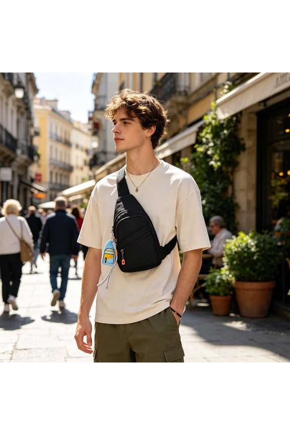 Fabric Sling Bag Black Lightweight Oxford Chest Pack Multi Pocket Water Repellent For Travel Hiking Cycling Outdoor Summer "Breathable Honeycomb Back & Multi Compartments"