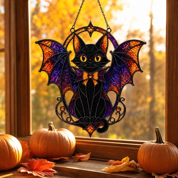 HAJAGP Halloween Bat Cat Acrylic Suncatcher Hanging Decor Multicolor Plastic Window Ornament For Gothic Home And Party Display