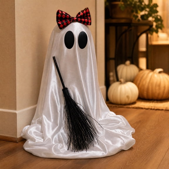 HAJAGP Halloween White Ghost Decor Ornament With Bow And Broomsticks Cloth Figurine For Tabletop Shelf Porch Window Party Display