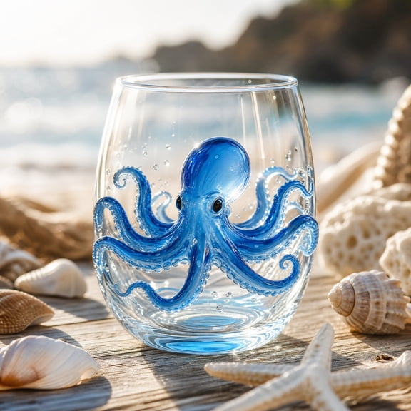 HAJAGP Handmade Glass Cup With Sea Animal 2D Design Artisanal Drinking Glass For Ocean Lovers And Seaside Home Decor In Style A