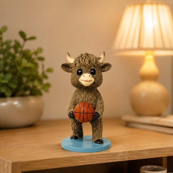 HAJAGP Highland Cow Resin Statue Playing Basketball Funny Desk Decor Spring Gift
