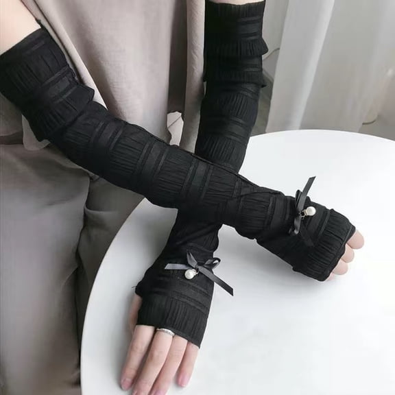 HAJAGP Ice Silk Long Arm Sleeves Bow Pearl Fingerless Arm Covers for Ladies Driving Gardening Summer Sun Protection (Black)