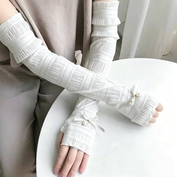 HAJAGP Ice Silk Long Arm Sleeves Bow Pearl Fingerless Arm Covers for Ladies Driving Gardening Summer Sun Protection (White)