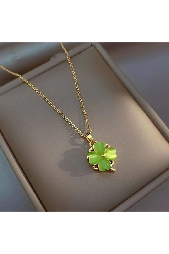 Necklace,Four Leaf Clover Necklace ,St Patrick's Day Four Leaf Rotatable Necklace For Women's Ornament Small And Unique Design ,Premium Hundred Lockbone Lucky Cat's Eye Stone Pendant