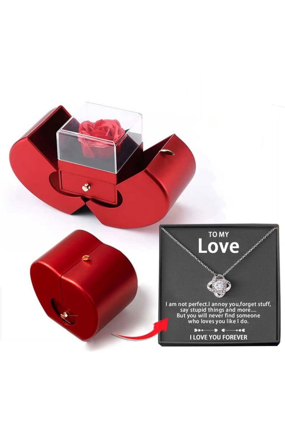 Red Gift Box Four Leaf Grass Necklace, Hollow Out Clover Pendant for Women, Valentine‘s Day Gift, Anniversary Present