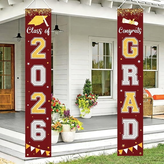 HAJAGP Red Graduation Porch Banners, Class of 2026 Congrats Grad Door Decor Hanging Signs 2Pack