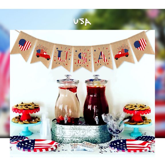HAJAGP USA Independence Day Festival Layout Banner - Linen Bunting Flag for Outdoor Interior Ceiling Decoration 4th of July Party