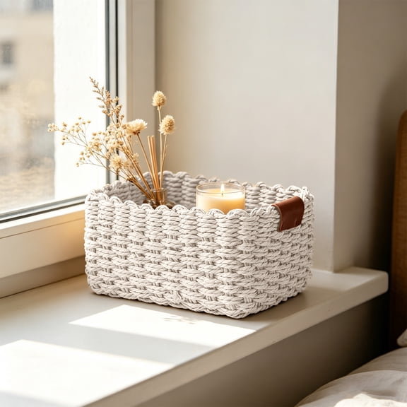 HAJAGP Woven Rope Basket Bins for Shelves, Natural Paper Rope Storage Trunk for Bedroom Bathroom, Handmade Wicker Organizer for Cosmetics, Valentine's Day Gift (Medium, White)