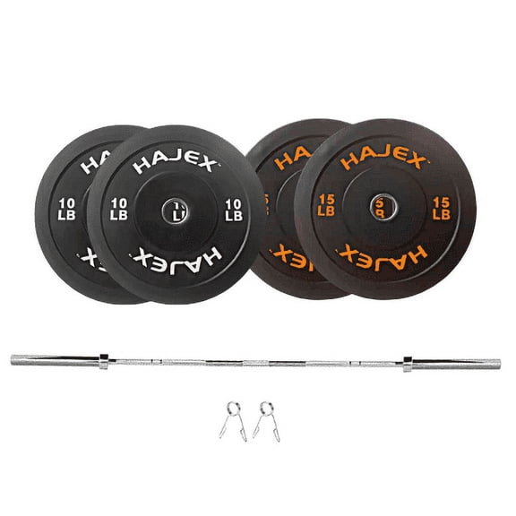 HAJEX Olympic Bumper Weight Plates Set with Barbell (6ft) - Pairs of 10 LB and 15 LB Weight Plates, 50 LB Stack
