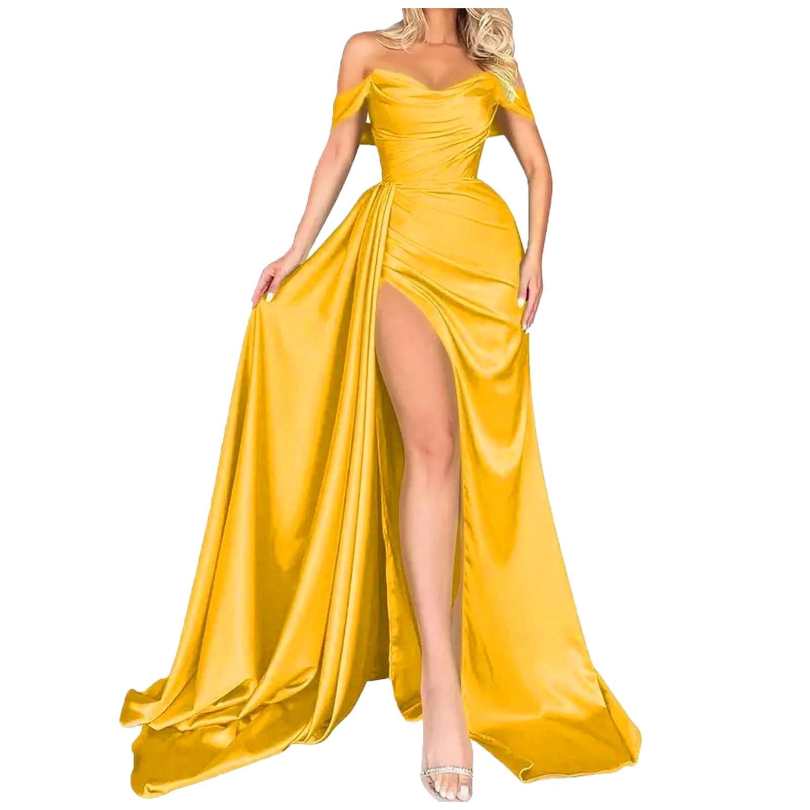 HAJGJP Off Shoulder Prom Dresses for Women 2024 Satin Bridesmaid Dress