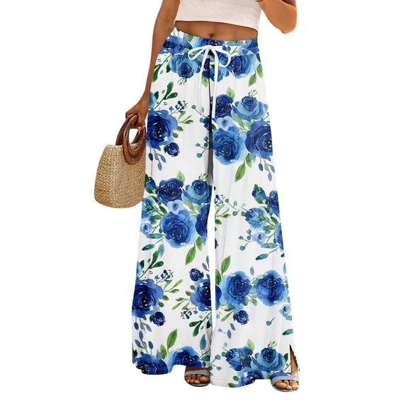 HAJWOH 2026 Summer Pants Women Petite High Waisted Wide Leg Summer Beach Vacation Pants Boho Lounge Casual Trousers