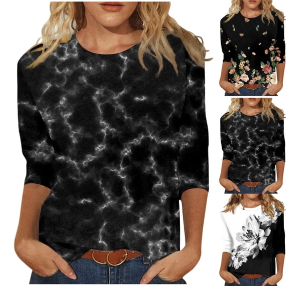 HAJWOH 3/4 Sleeve Womens Summer Fashion Tops Round Neck Shirts Casual Print Trendy Three Quarter Length T Shirt