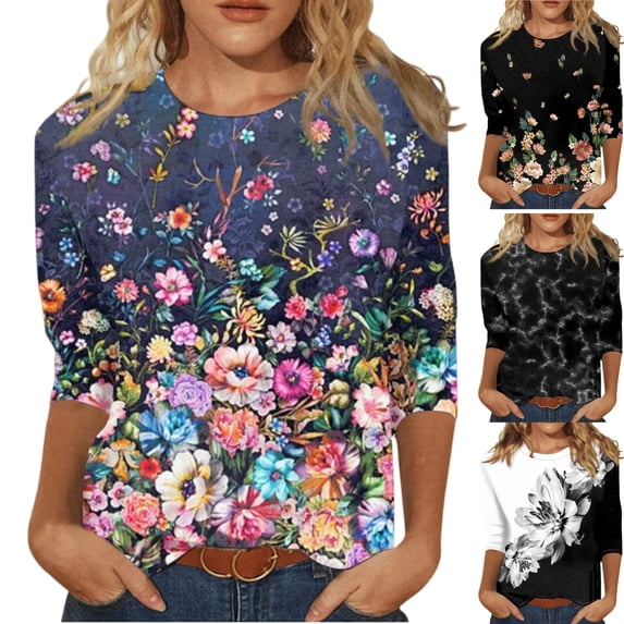 HAJWOH 3/4 Sleeve Womens Summer Fashion Tops Round Neck Shirts Casual Print Trendy Three Quarter Length T Shirt