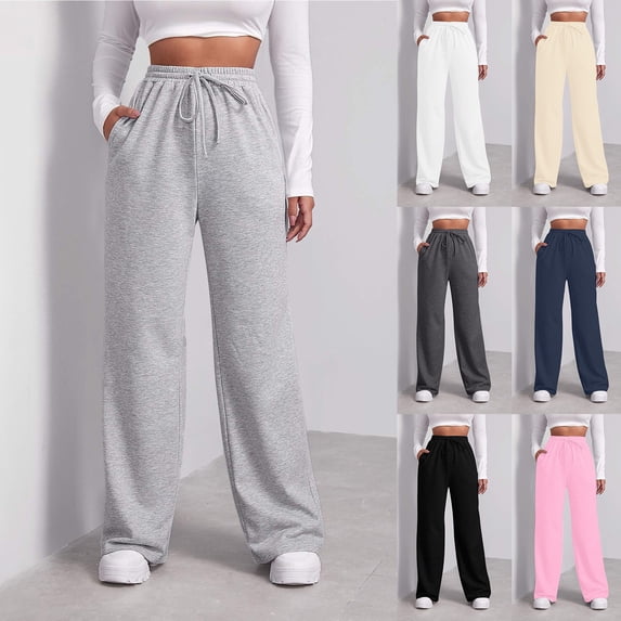 HAJWOH Baggy Wide Leg Sweatpants for Women Fleece High Waist Joggers with Pockets Lightweight Comfy Drawstring Sweat Pants