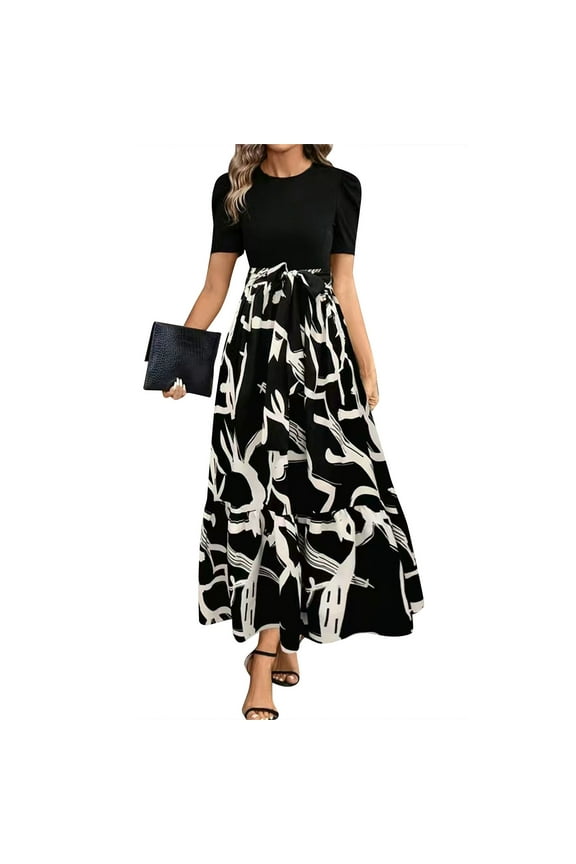Black Church Dresses for Women XL Vestidos Elegantes Flowy Puff Sleeve Spring Dresses Casual Church Dresses Fashion Sundresses with Belt Black XL