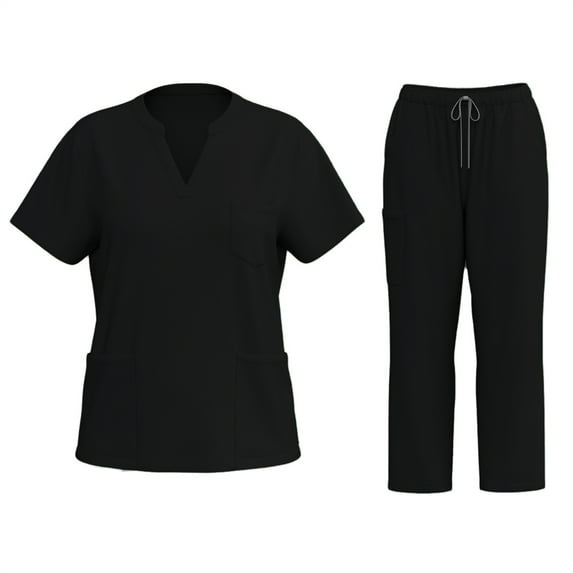 HAJWOH Black Scrubs Sets for Women Stretchy Nursing Uniform Short Sleeve V Neck Scrub Top & Jogger Pant Solid Color Medical Scrub Sets with Multi Pockets Black M