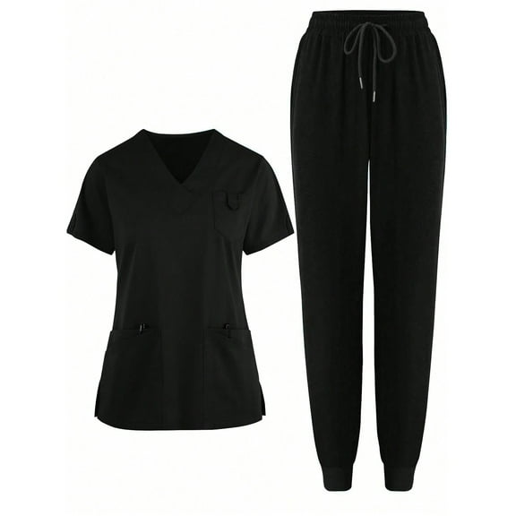 HAJWOH Black Scrubs Sets for Women Stretchy Nursing Uniform Short Sleeve V-Neck Scrub Top & Jogger Pant Solid Color Scrub Suit with Multi Pockets Black L