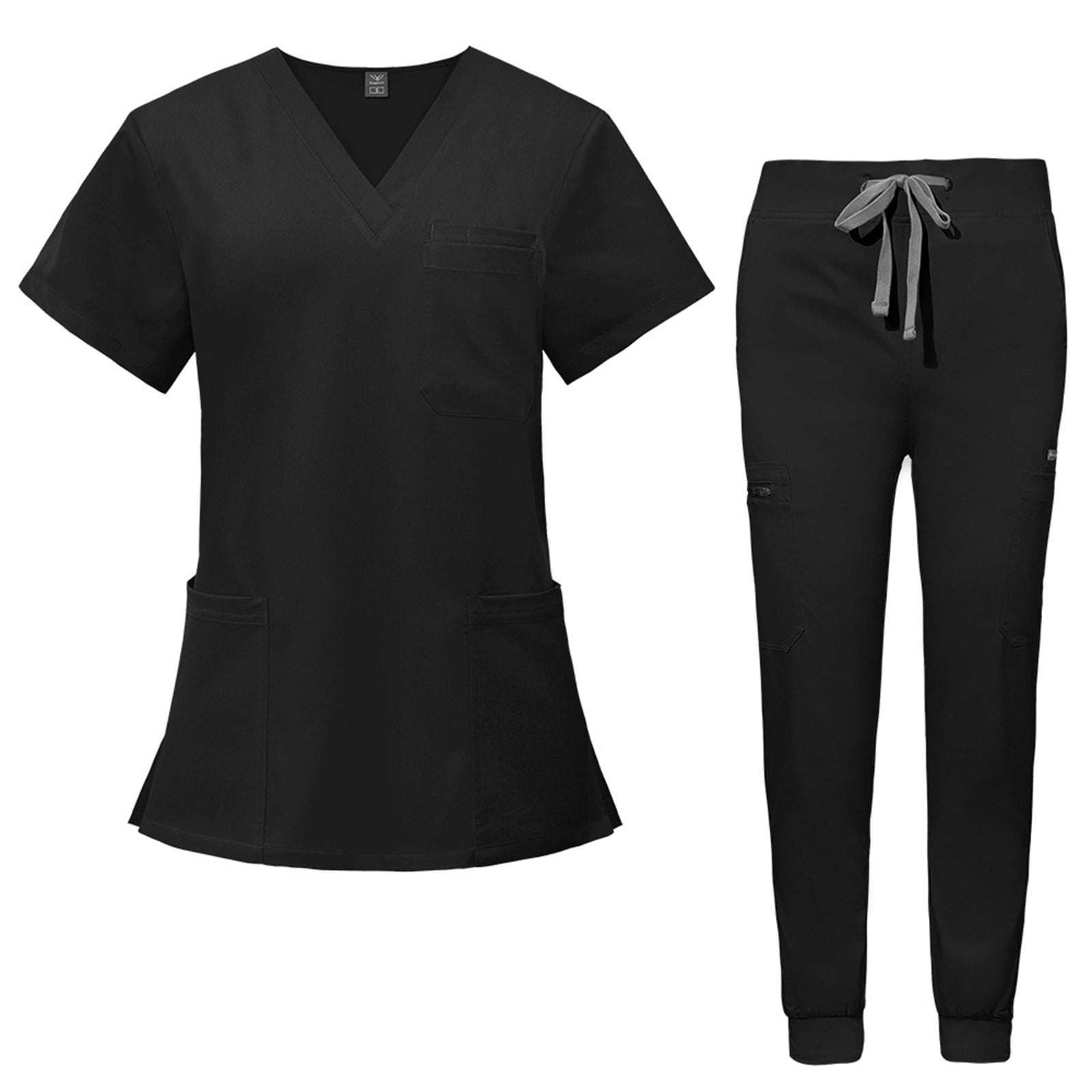 Black Scrubs Sets for Women Stretchy Nursing Uniform Short Sleeve V-Neck Scrub Top & Yoga Jogger Pants Solid Color Scrub Suit with Multi Pockets Black XL