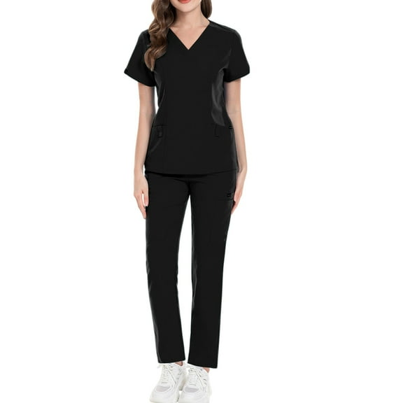 HAJWOH Black Scrubs Sets for Women Stretchy Nurse Uniform Short Sleeve V-Neck Scrub Top & Pants Solid Color Scrub Suit with Multi Pockets Black S