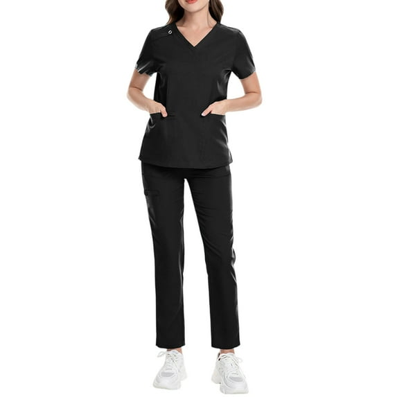 HAJWOH Black Scrubs for Women Set Size1 Stretchy Nursing Uniform Short Sleeve V-Neck Scrub Top & Yoga Jogger Pants Solid Color Scrub Suit with Multi Pocket Black L