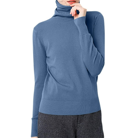 HAJWOH Blue Sweaters for Women Long Sleeve Wool Sweaters Warm Turtleneck Fuzzy Pullover Tops Lightweight Knitted Sweater 2025 Clothing Blue XL