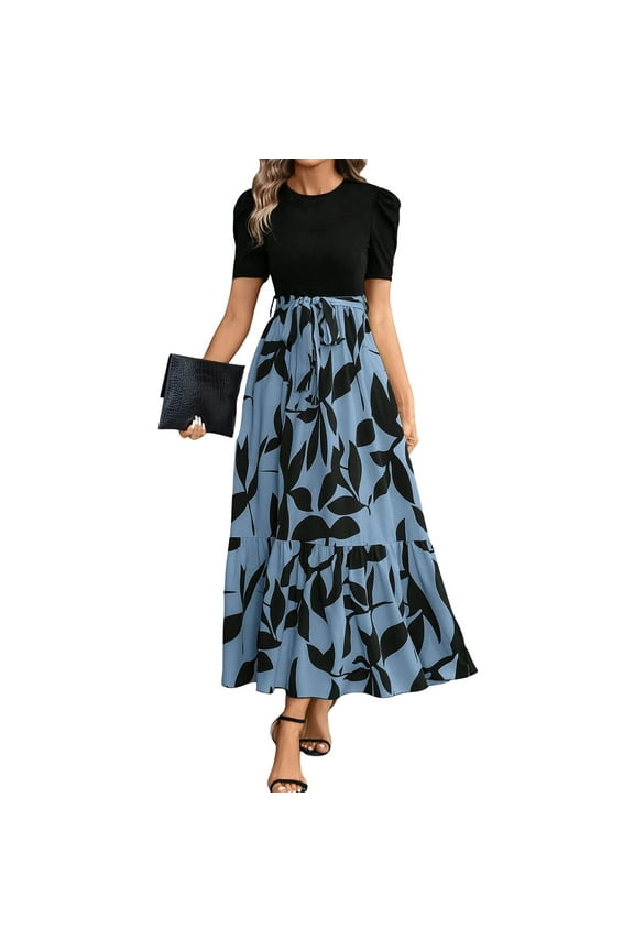 Blue Church Dresses for Women Vestidos Elegantes Puff Sleeve Summer Dresses with Belt Flowy Maxi Dresses Casual Trendy Modest Dresses Blue L