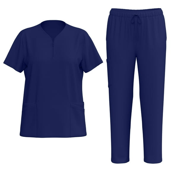 HAJWOH Scrubs for Women Set Stretchy Nursing Uniform Short Sleeve V Neck Scrub Top & Pants Solid Color Scrubs Sets with Multi Pocket Dark Blue XXL