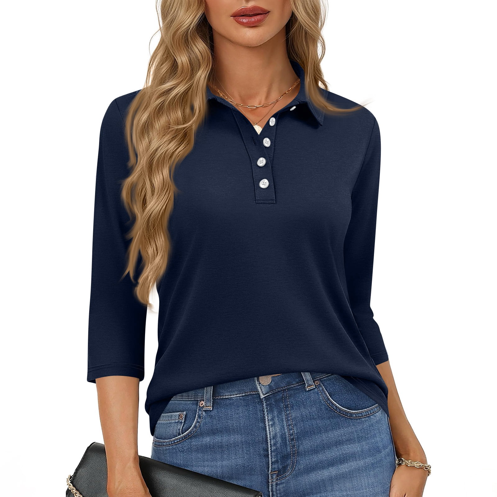 HAJWOH Blue Womens Uniform Tops 3/4 Sleeve Uniform Top Casual Button ...