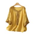 thumbnail image 1 of HAJWOH Boho Cotton Linen Tops for Women Embroidered 3/4 Sleeve Bohemian Blouses Retro V Neck Tunics Summer Lightweight Clothing Yellow M, 1 of 4