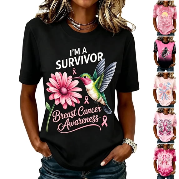 HAJWOH Breast Cancer Shirts for Women Breast Cancer Awareness Shirts Cancer Survivor Pink Ribbon Graphic Cancer Short Sleeve Tee Top